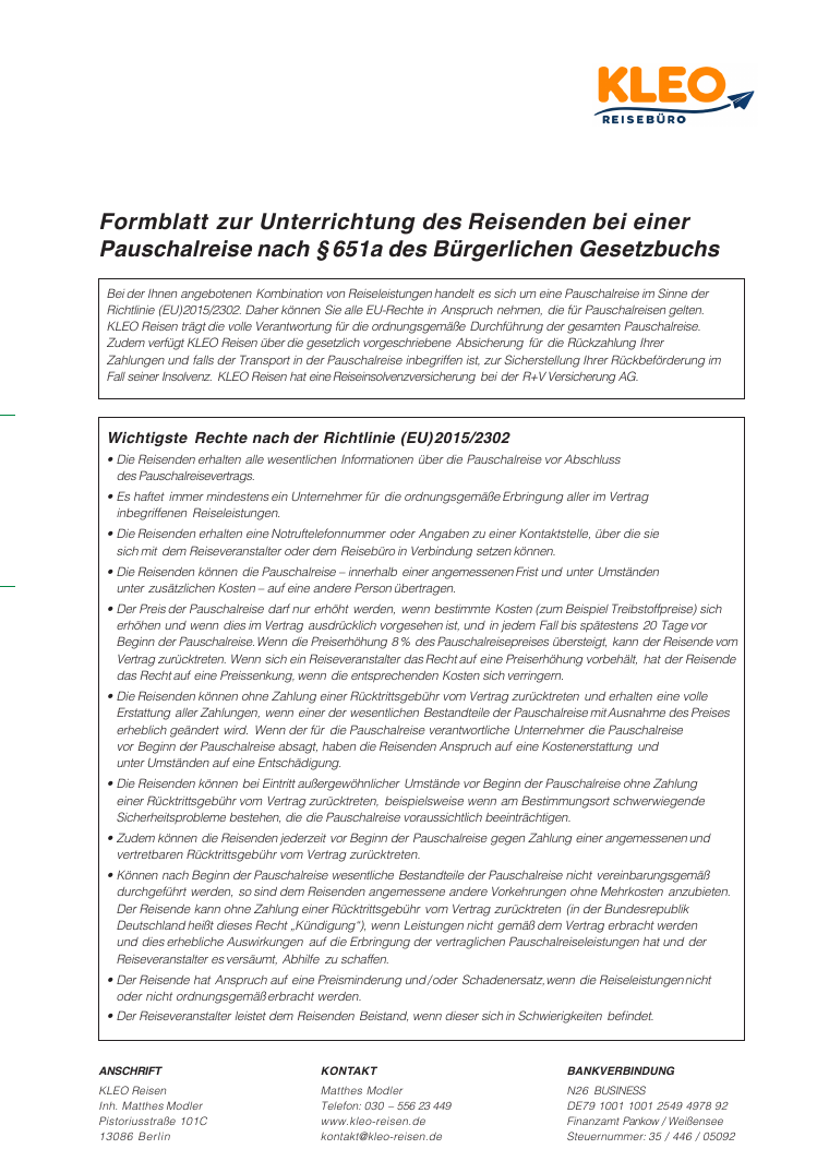 Vorschau der Pauschalreise-Informationen